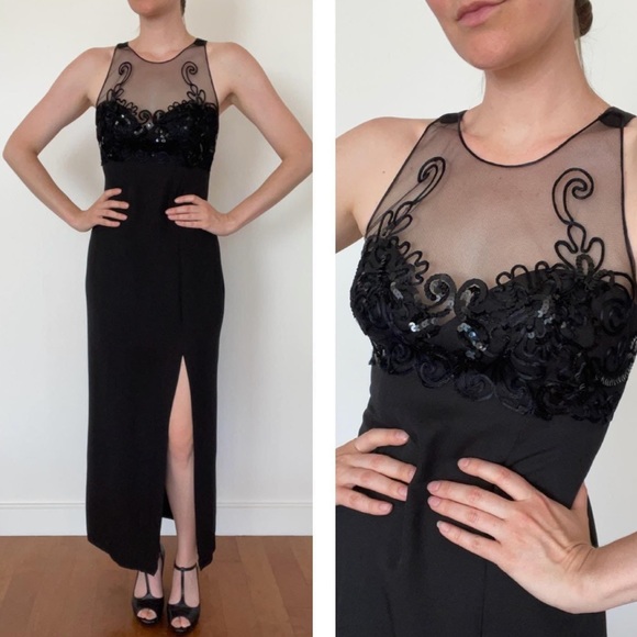 Faviana NY black evening dress / maxi / mesh with sequins - Picture 1 of 12